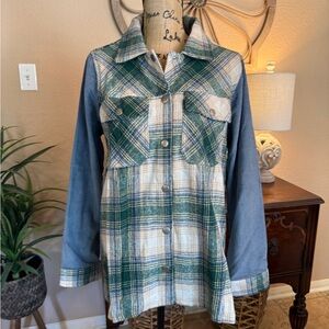 New Umgee Green Plaid Corduroy Sleeve Shacket with Fringe Details